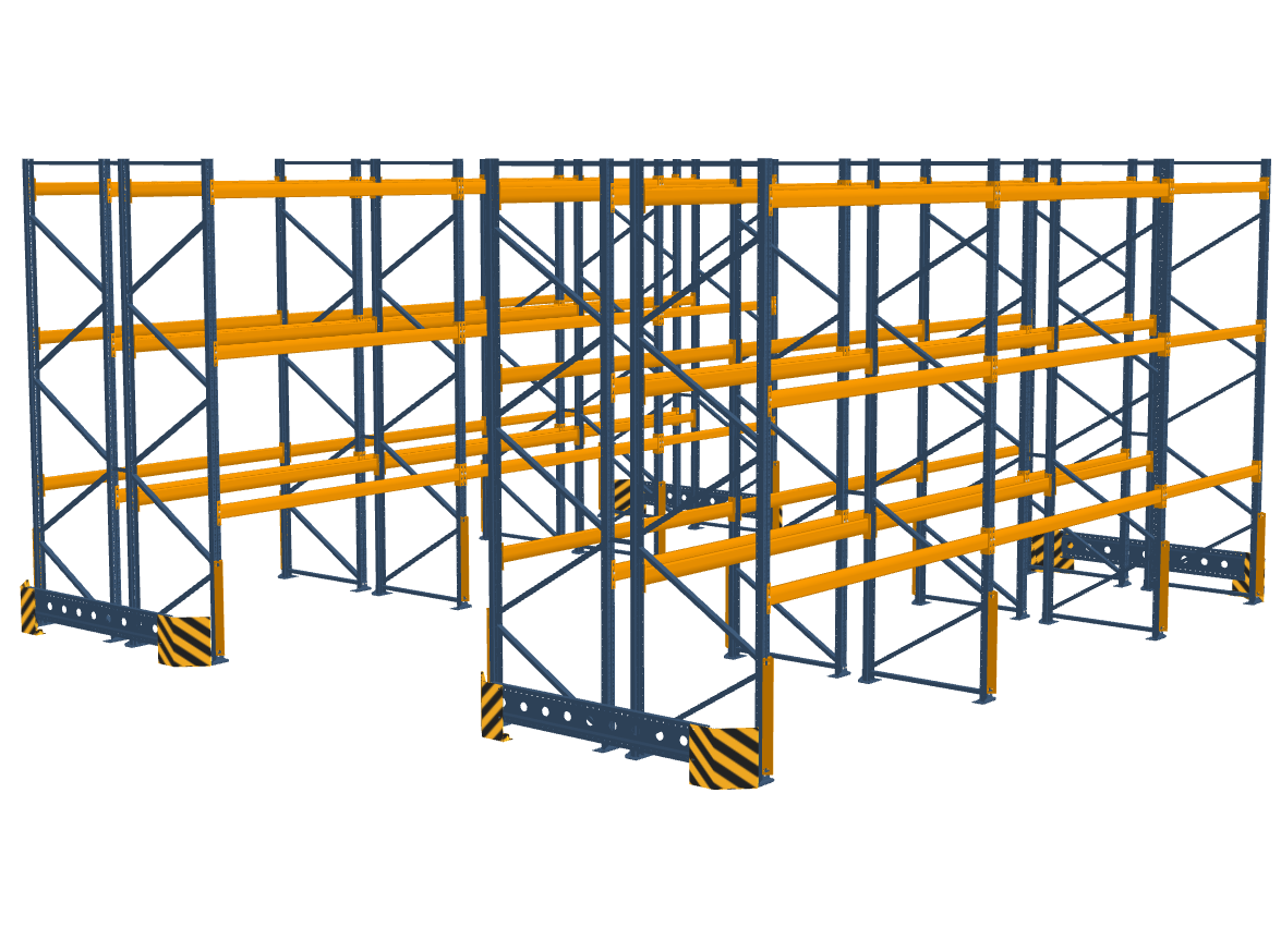 Doppelreihiges Palettenregal-System 8x4m mit 3 Ebenen für 128 EPAL5-Paletten