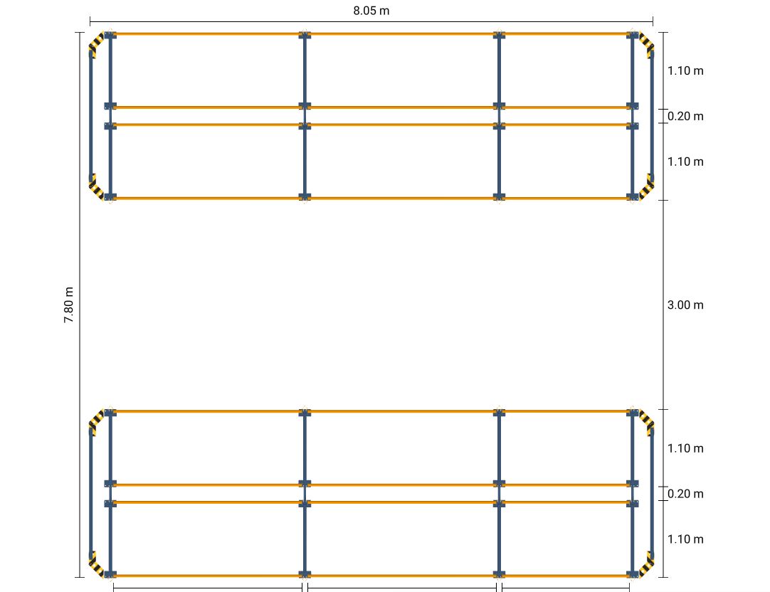 Doppelreihiges Palettenregal-System 8x4m mit 3 Ebenen für 128 EPAL5-Paletten